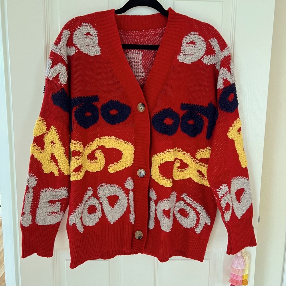 Women’s Oversized Red Cardigan Sweater With Front Button Closure And Patterns